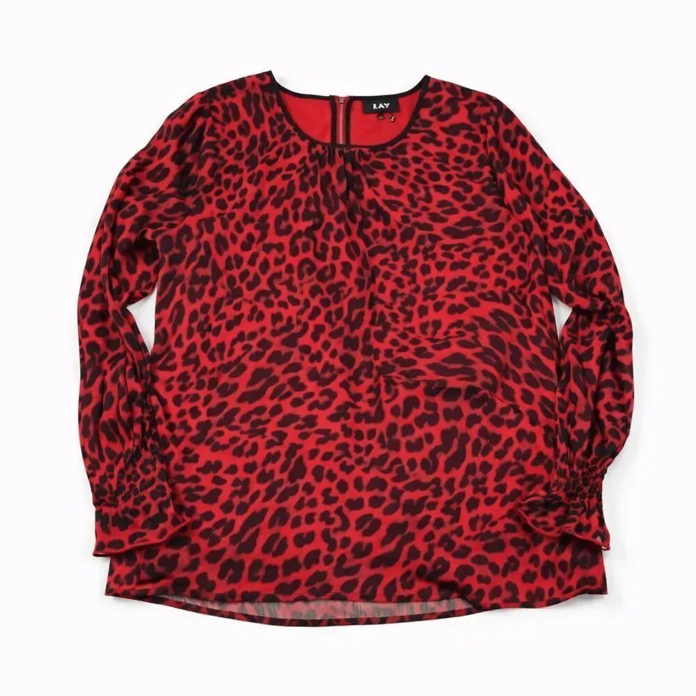 DKNY Leopard Print Blouse Womens Red Black Chiffon Lightweight Statement Top L